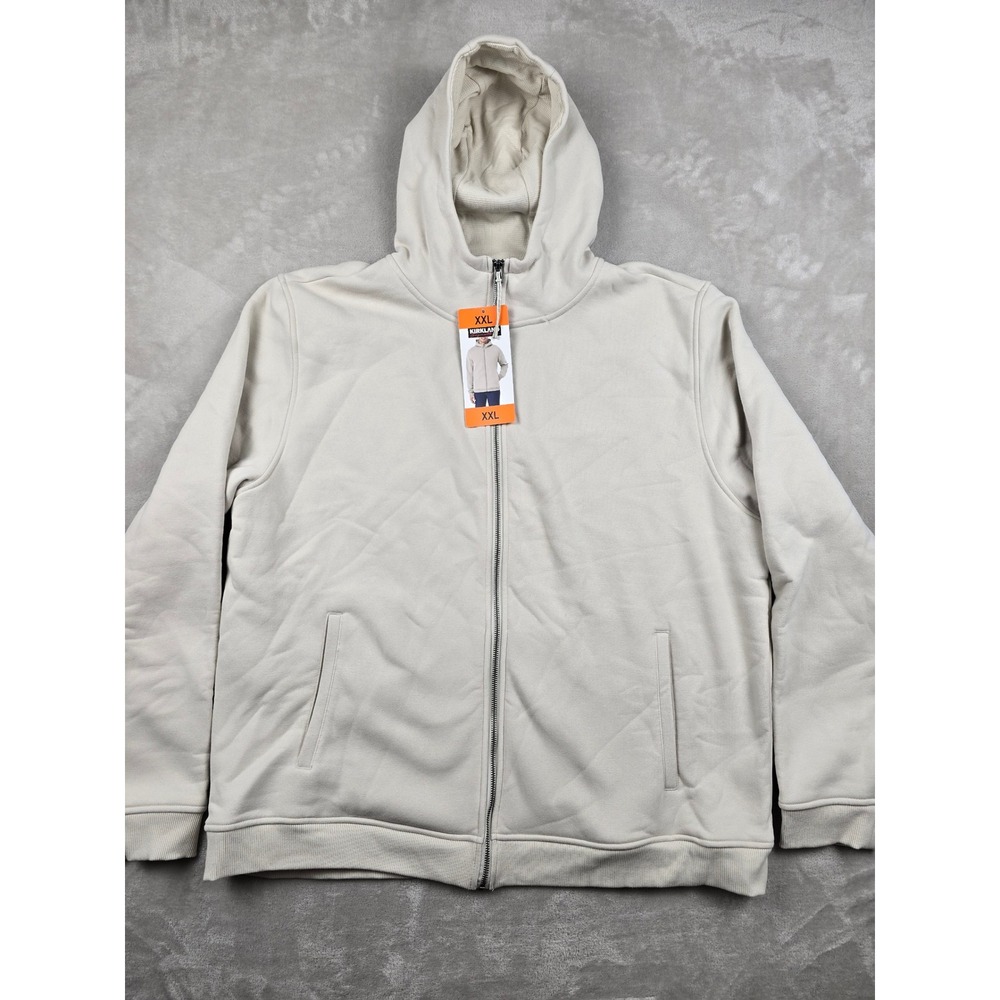 Kirkland Full Zip Hoodie Mens XXL White Cream Brushed Fleece Sweatshirt Heavy